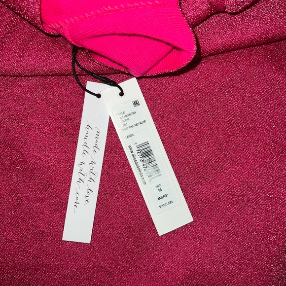 NWT Alice + Olivia Issa Turtleneck Puff Sleeve Dress Wild Pink Metallic - Picture 7 of 9